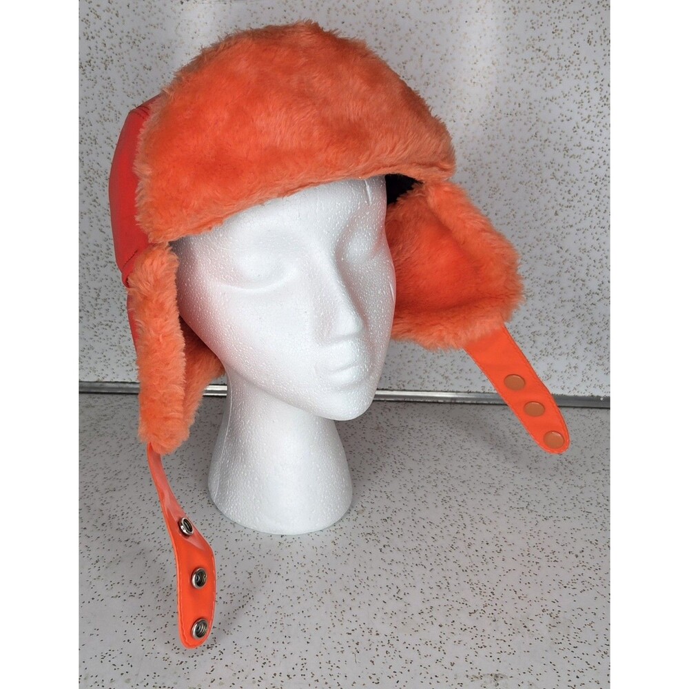 Vtg Genuine Hunter Trapper Faux Fur & Vinyl Hat Cap BLAZE ORANGE Ear Flaps Sz M